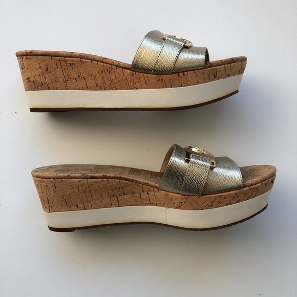 Michael Kors MK Warren Leather Platform Cork Slide Sandals Gold Logo Plate 10M - Picture 5 of 16